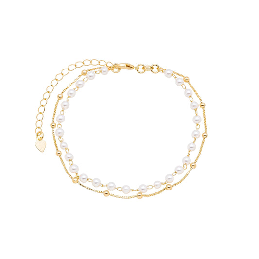 Pulseira dupla com pérolas e bolinhas banhada a ouro 18k - Biju & Cia.