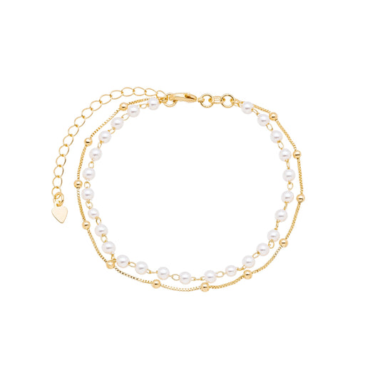 Pulseira dupla com pérolas e bolinhas banhada a ouro 18k - Biju & Cia.