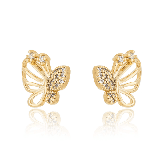 Brinco de borboletas com zircônia banhado a ouro 18k - Biju & Cia.