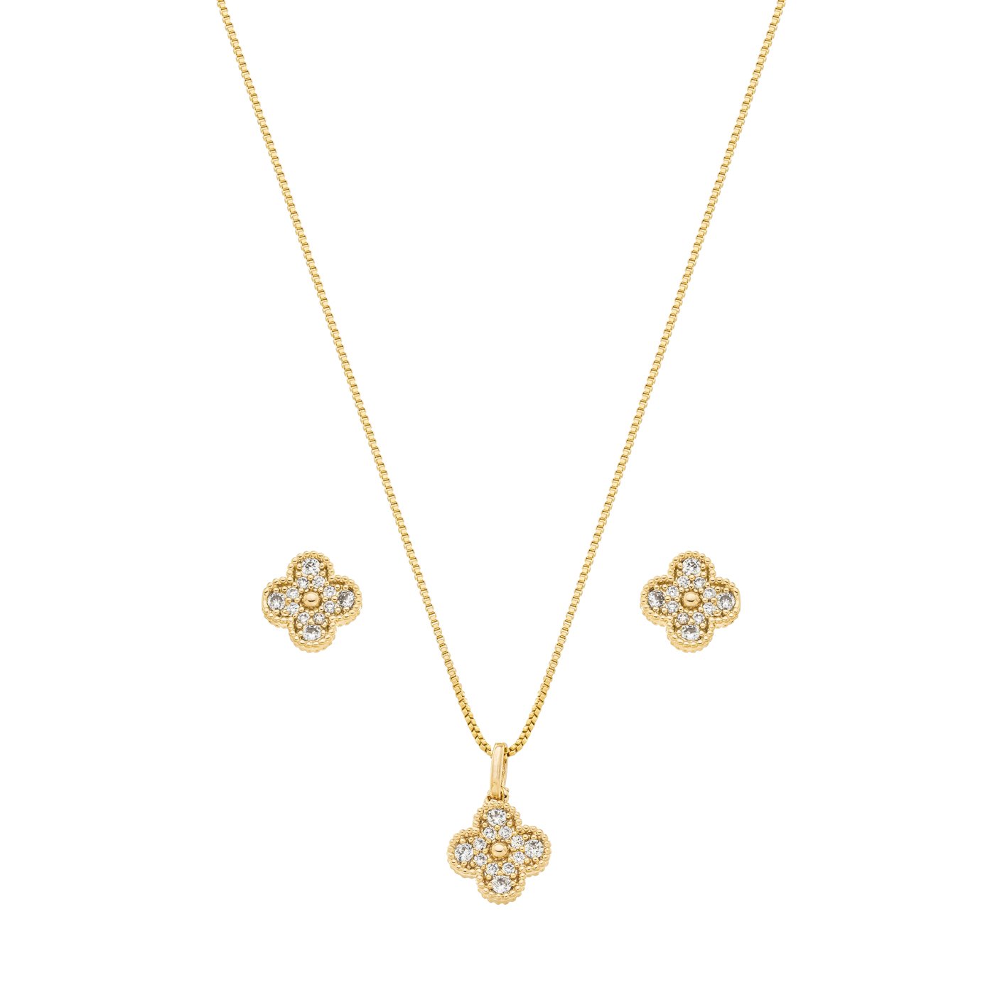 Conjunto flor com zircônias banhada a ouro 18k