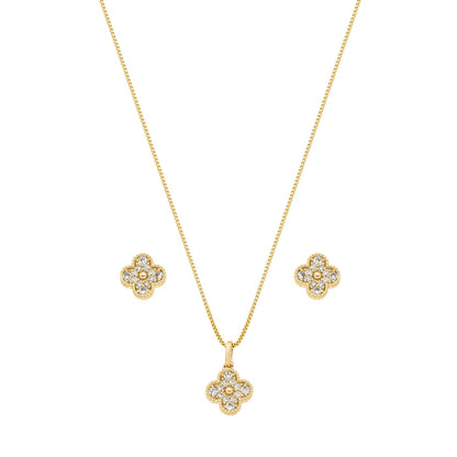 Conjunto flor com zircônias banhada a ouro 18k