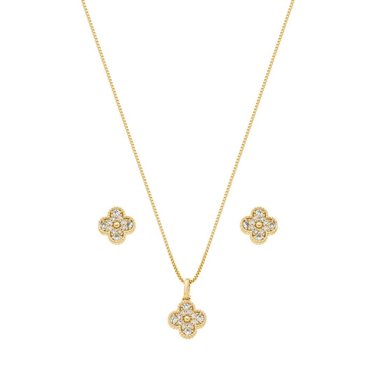Conjunto flor com zircônias banhada a ouro 18k
