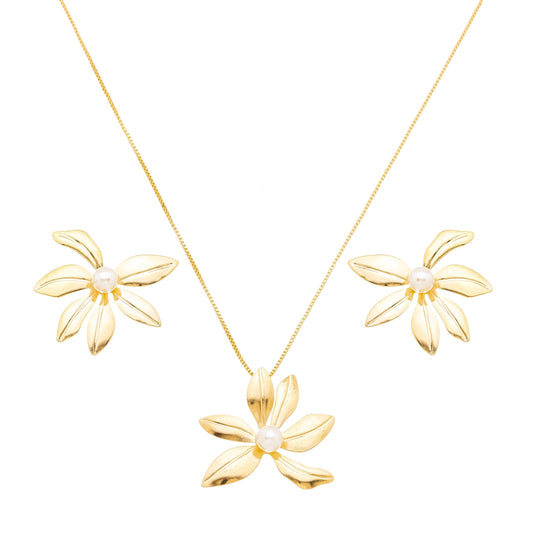 Conjunto de flor com pérola banhado a ouro 18k - Biju & Cia.