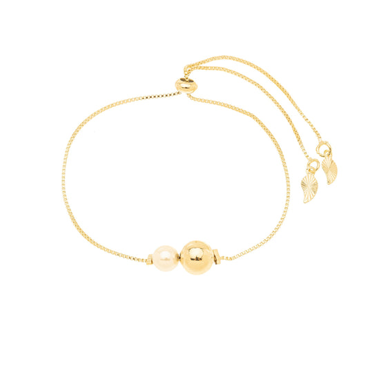 Pulseira regulável com bola e pérola banhada a ouro 18k
