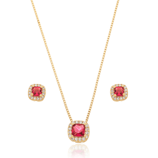 Conjunto de brinco e gargantilha com pedra quadrada e zircônias banhado a ouro 18k - Biju & Cia.